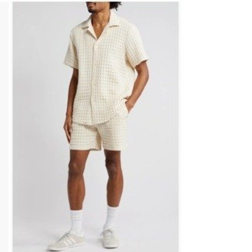 OAS Men's Porto Waffle Knit Camp Shirt and Shorts Set Ecru Resort Wear
